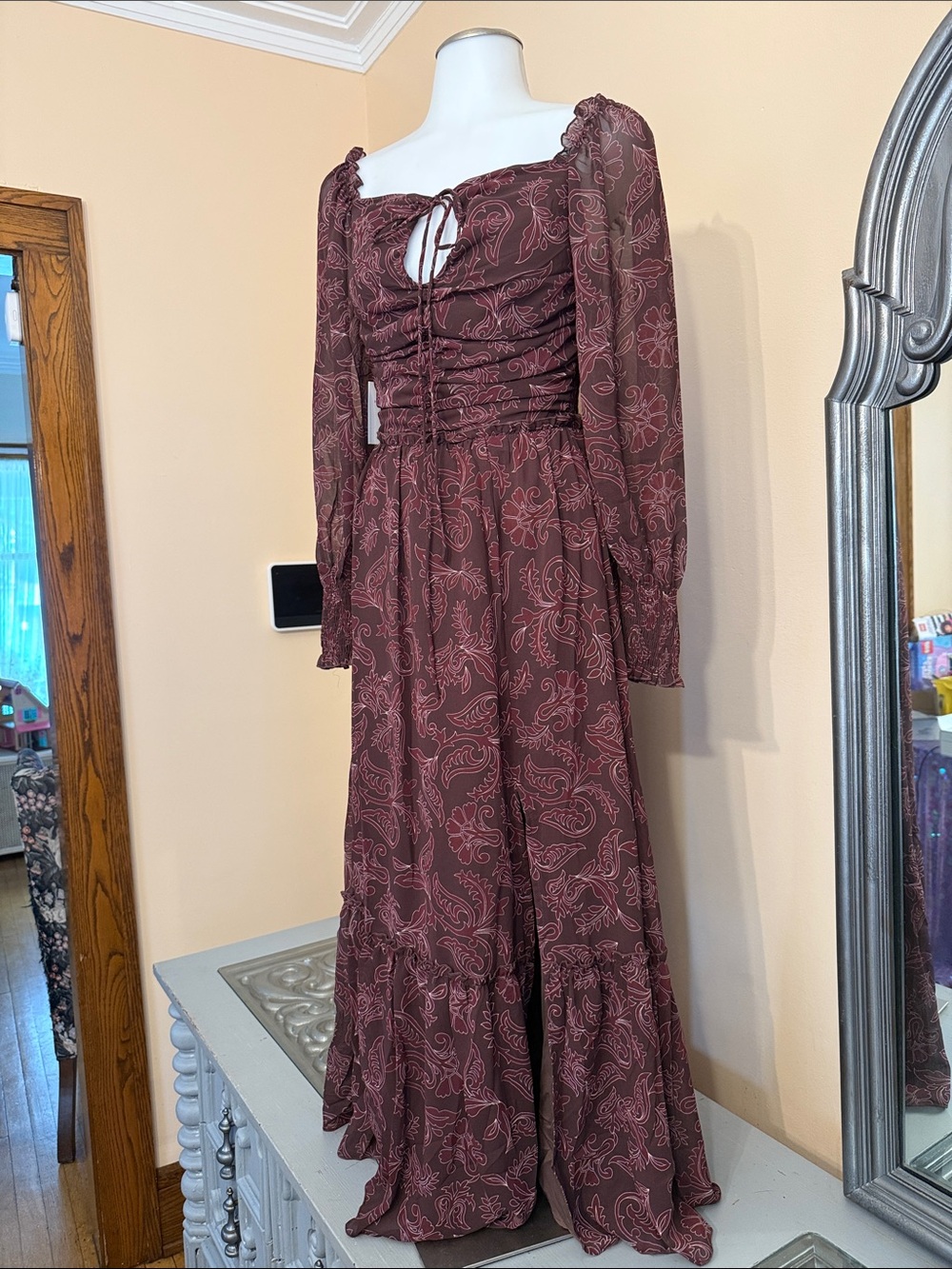 Petal & Pup XS Keziah Burgundy Paisley Midi Long Sleeve Dress Ruched Bodice